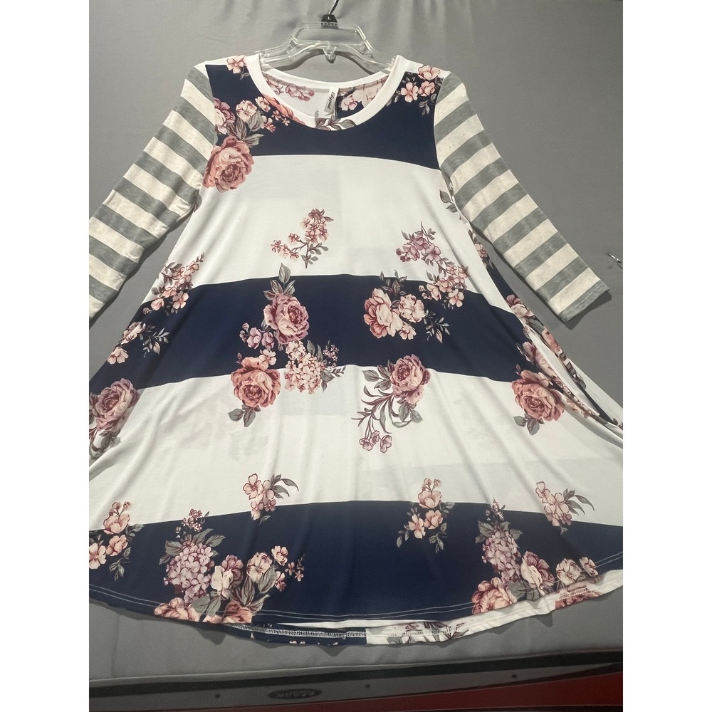 Lilypad Floral Stripe Mixed Print Tunic Top Mini Dress Navy Pink S MD1149ST-2